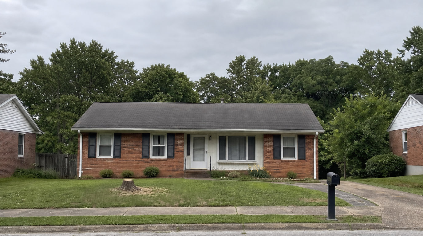 The same front yard after tree removal, stump ground low and lawn intact