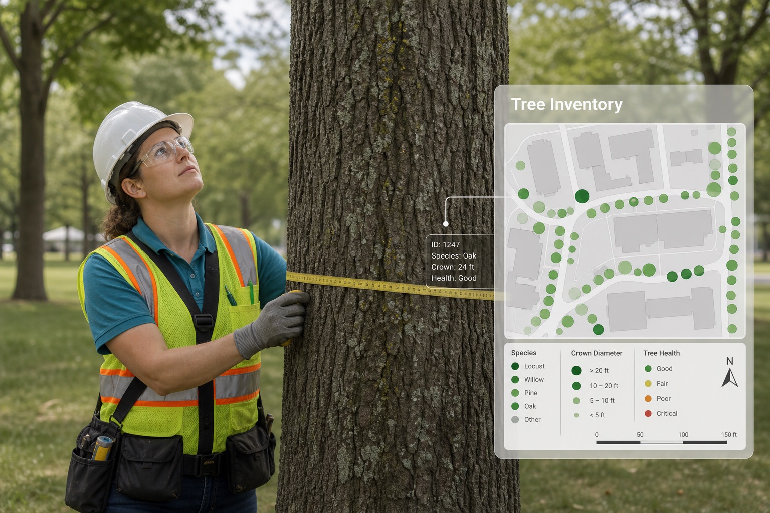 An arborist recording tree condition notes during a property assessment